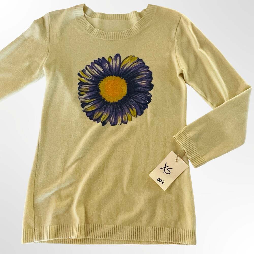 Yellow Long Sleeve Crewneck Sweater with Blue Sunflower Graphic XS - Picture 5 of 6